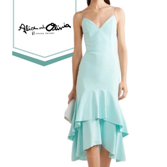 Alice + Olivia Amina Plunging Sweetheart Spaghetti-strap Midi Dress. Blue. Sz 2 - Picture 1 of 12